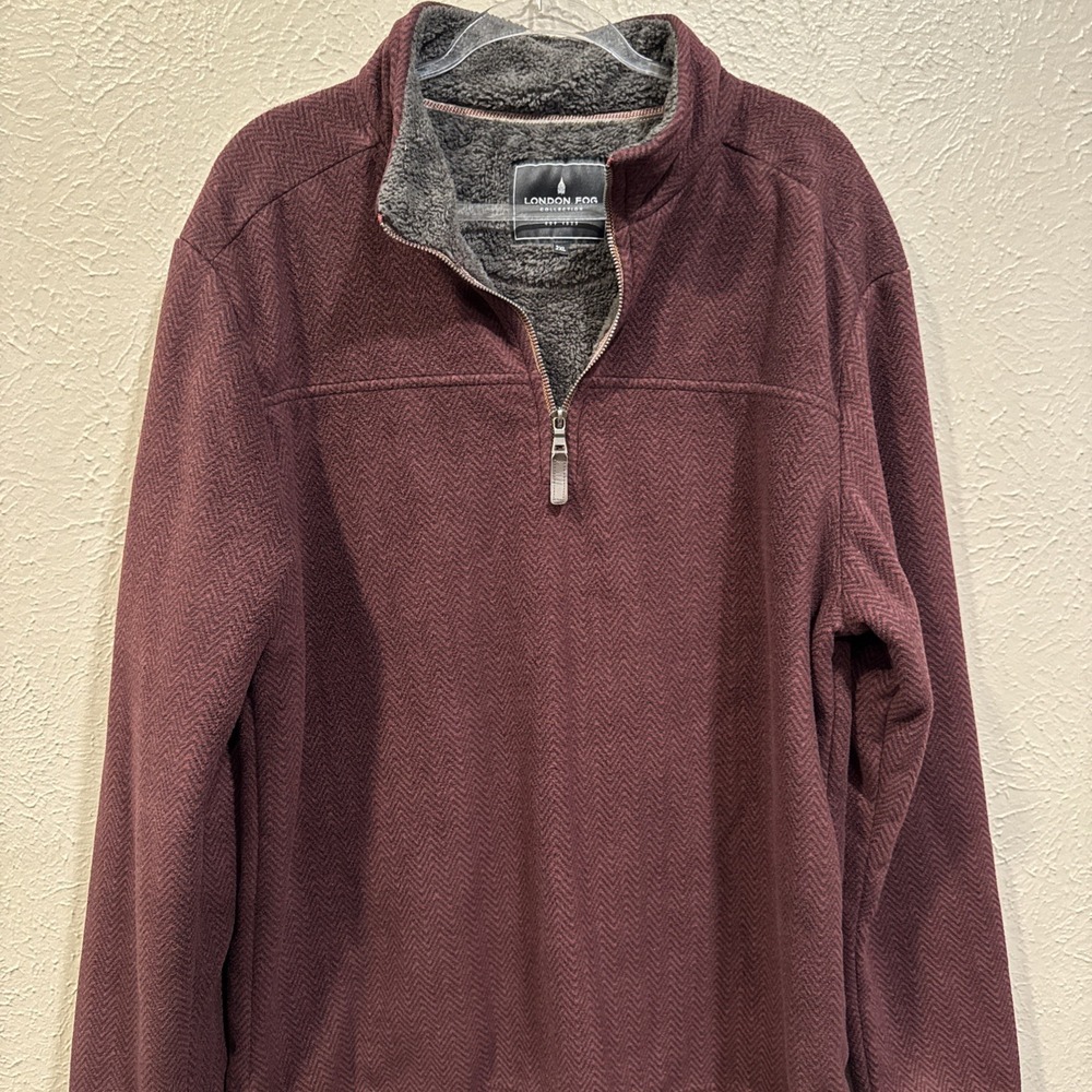 London Fog Men's 2XL BurgandyHerringbone Fleece-Lined Quarter Zip Pullover